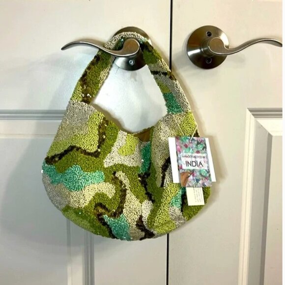 Handcrafted in India Tik Tok Viral Green Beaded Sequin Bag Camo Design NWT - Picture 1 of 5